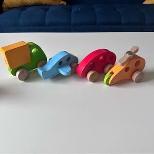 Hape Toys Wooden Vehicle Toy Set Little Copter, Plane, Mini Van, Box Truck